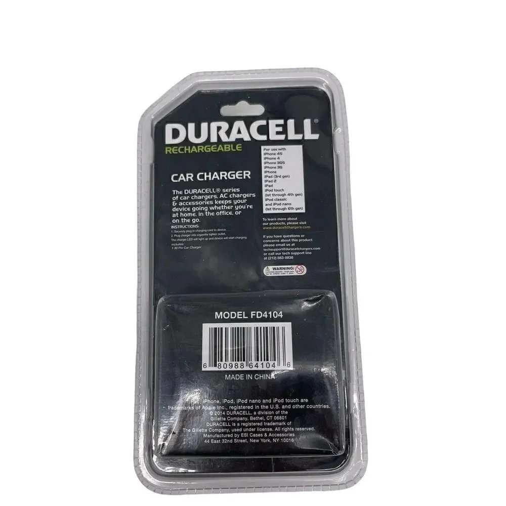 Duracell Fast Charging Car Charger iPhone 4 4s 3GS 3G iPad 2 Touch iPod 30 Pin